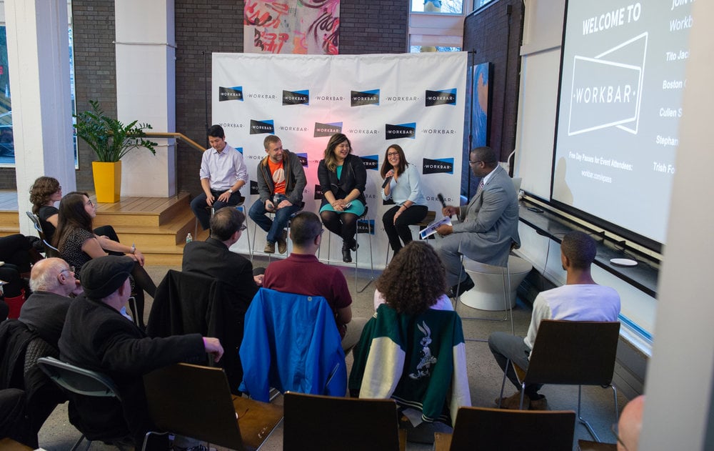  Tito Jackson moderates panel Justin Kang, Cullen Schwartz, Stephanie Castaños, Trish Fontanilla at Workbar Cambridge